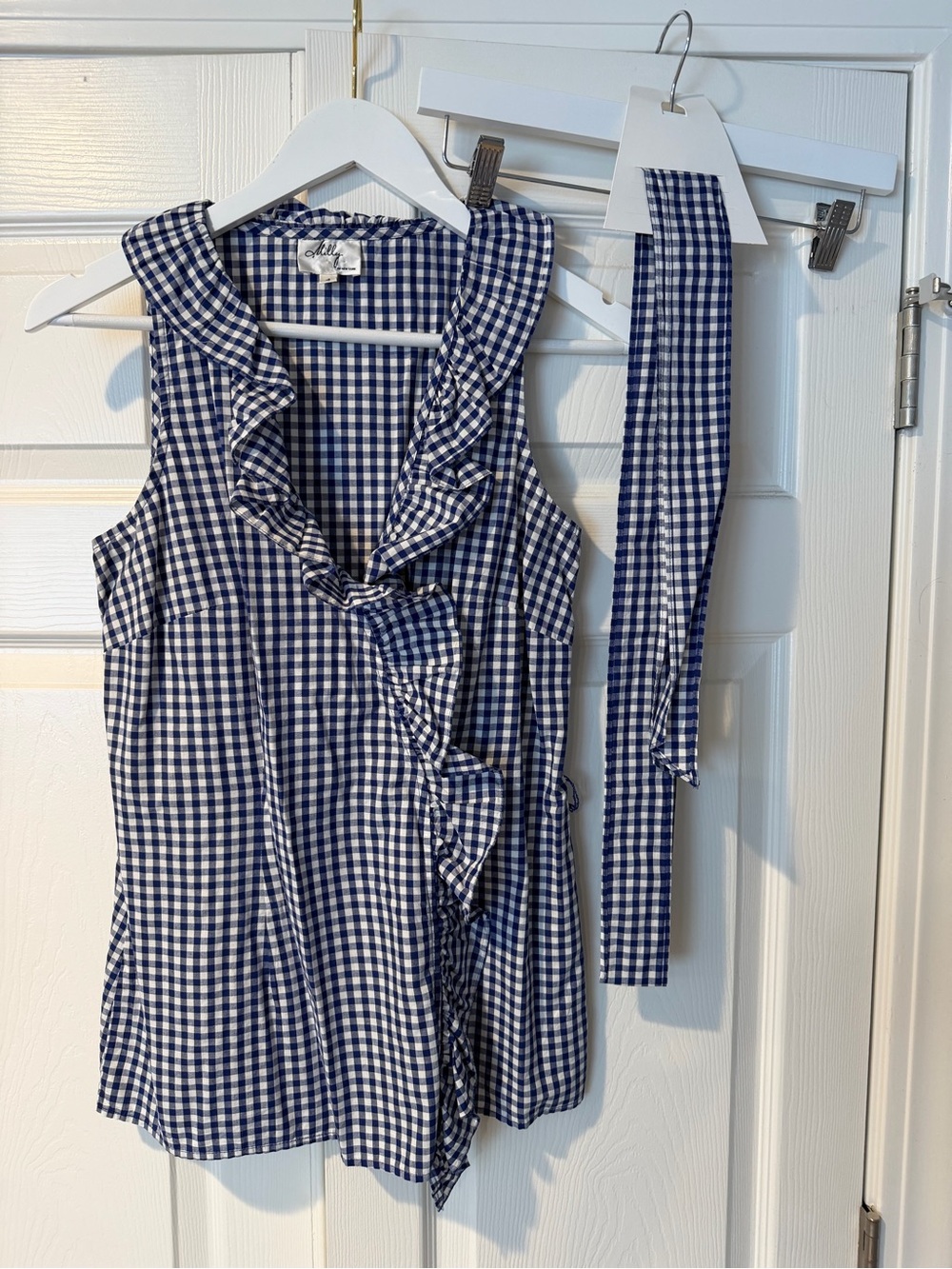 Milly Blue and White Gingham Ruffle Wrap Top with Tie
